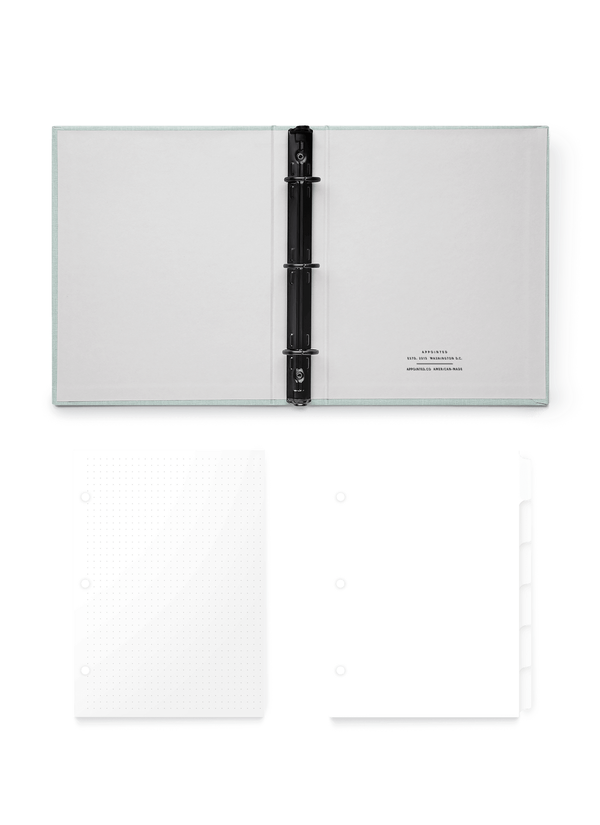 Appointed Mineral Compact Binder open flat with Dot Grid Inserts and Tabs, front view. || Mineral Green