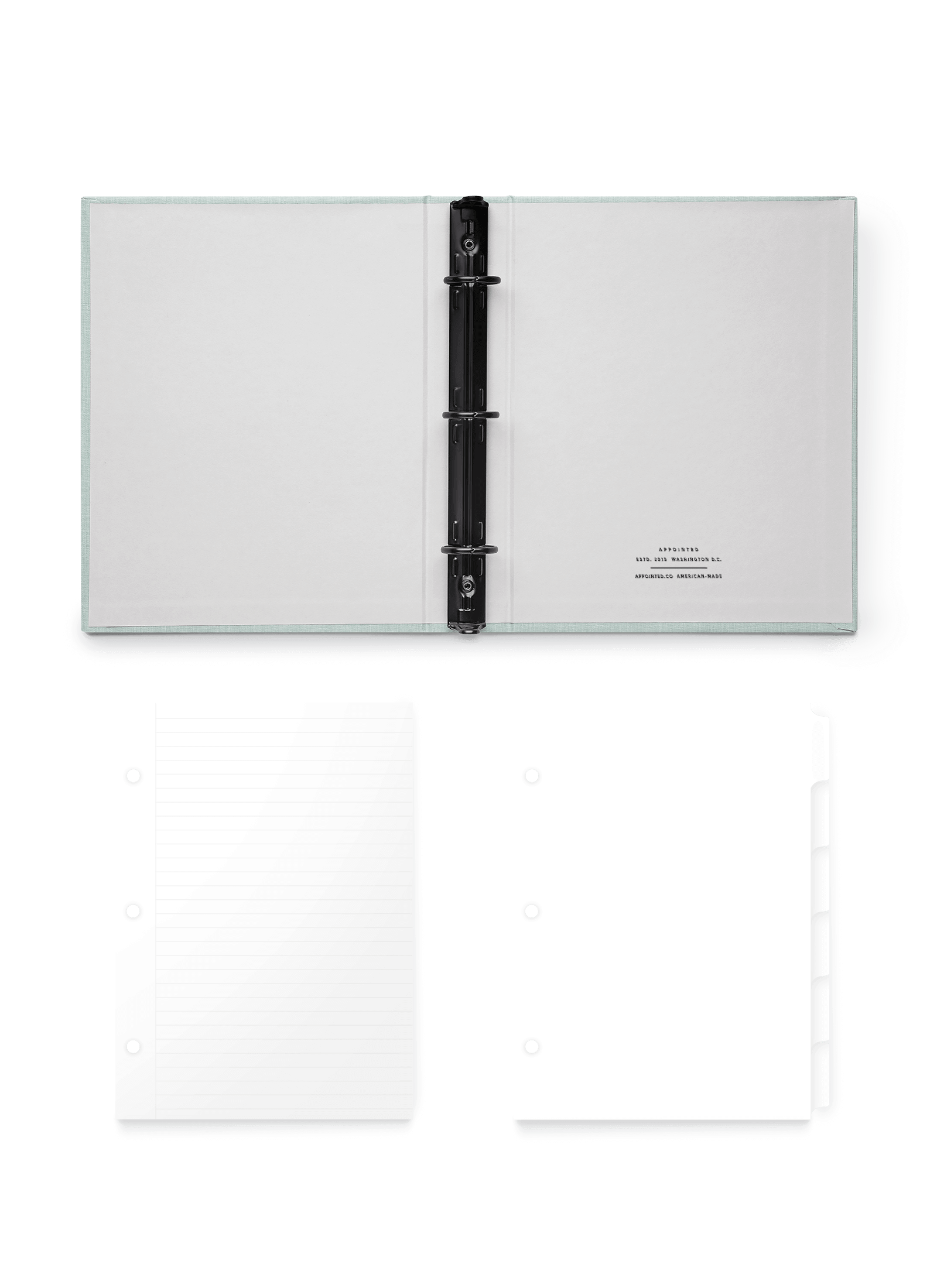Appointed Mineral Compact Binder open flat with Lined Inserts and Tabs, front view. || Mineral Green