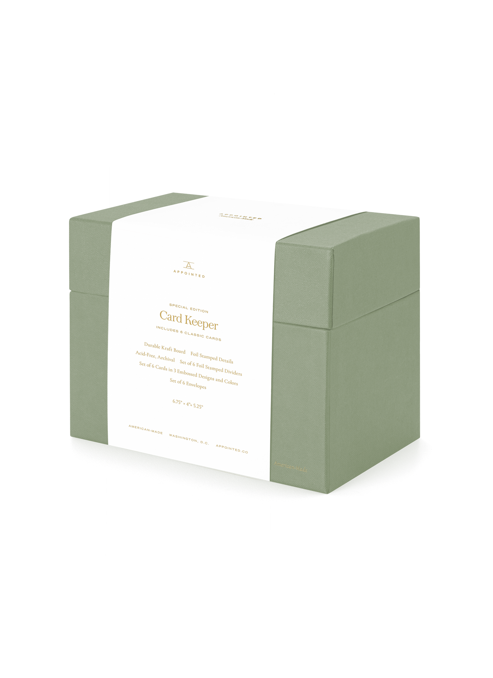 Angled view of Sage Card Keeper, lid on, banded || Sage Green