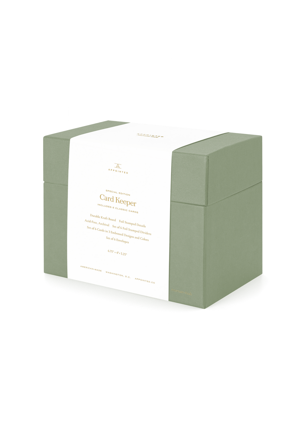 Angled view of Sage Card Keeper, lid on, banded || Sage Green