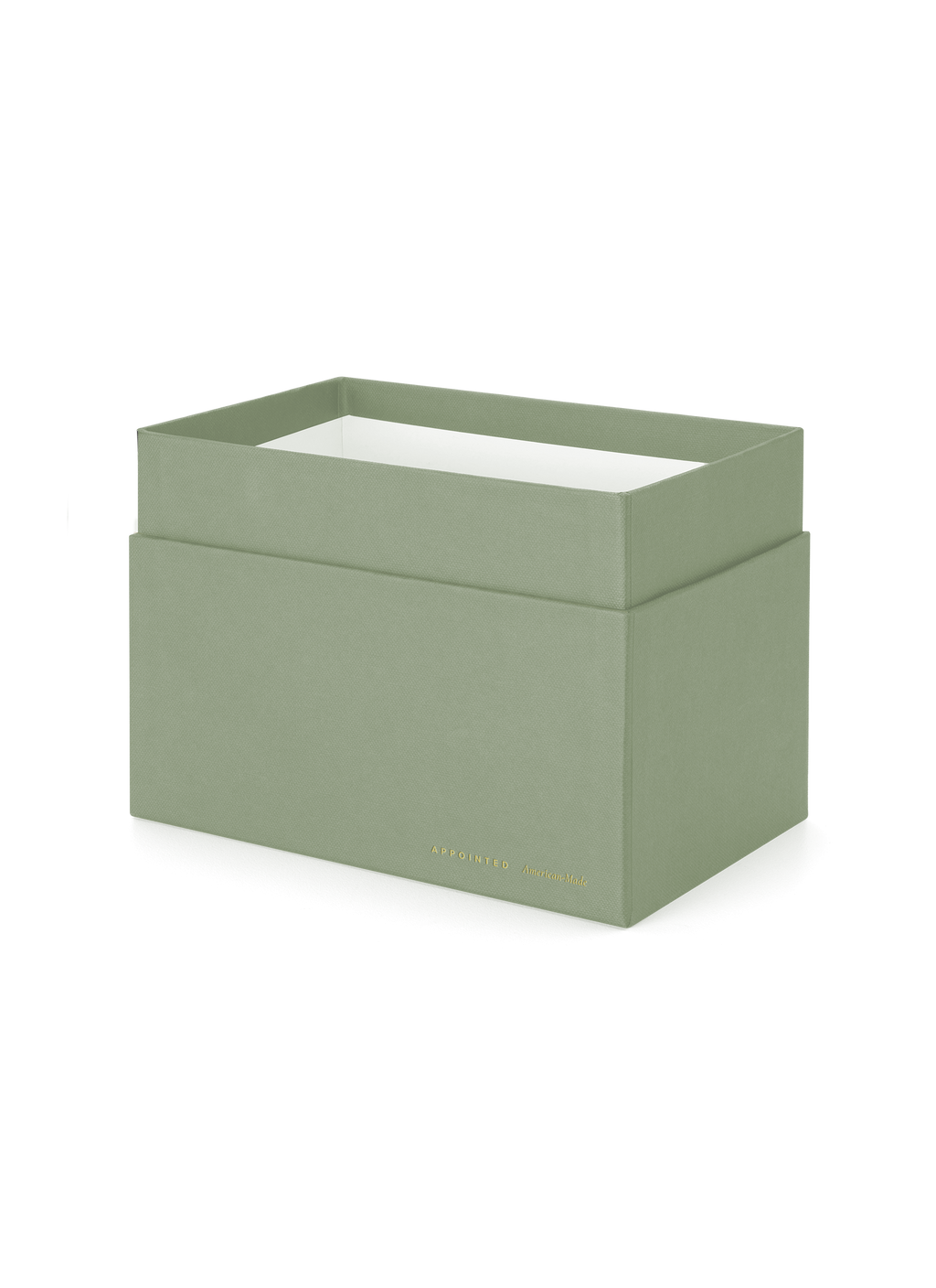 Diagonal view of onyx storage box, lid off|| Sage Green