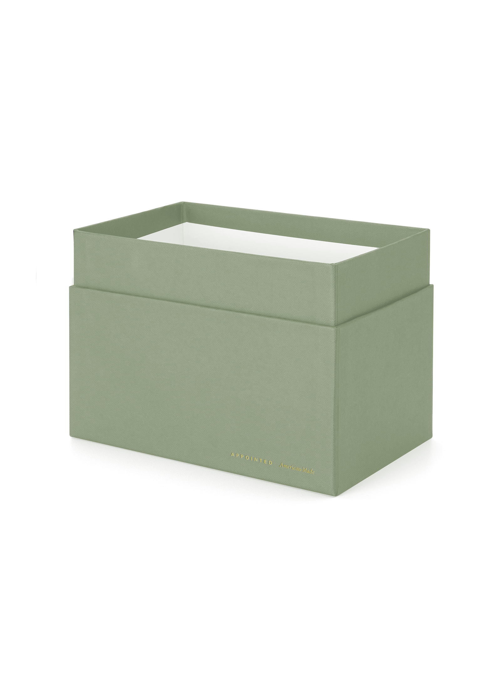 Diagonal view of onyx storage box, lid off|| Sage Green