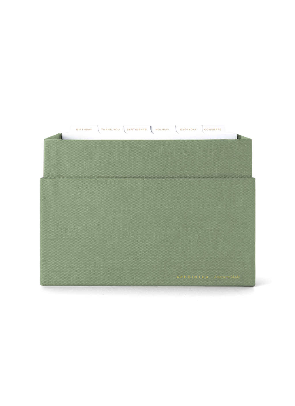 Eye-level view of Sage Card Keeper, lid off and tabs showing || Sage Green