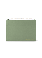 Eye-level view of Sage Card Keeper, lid off and tabs showing || Sage Green