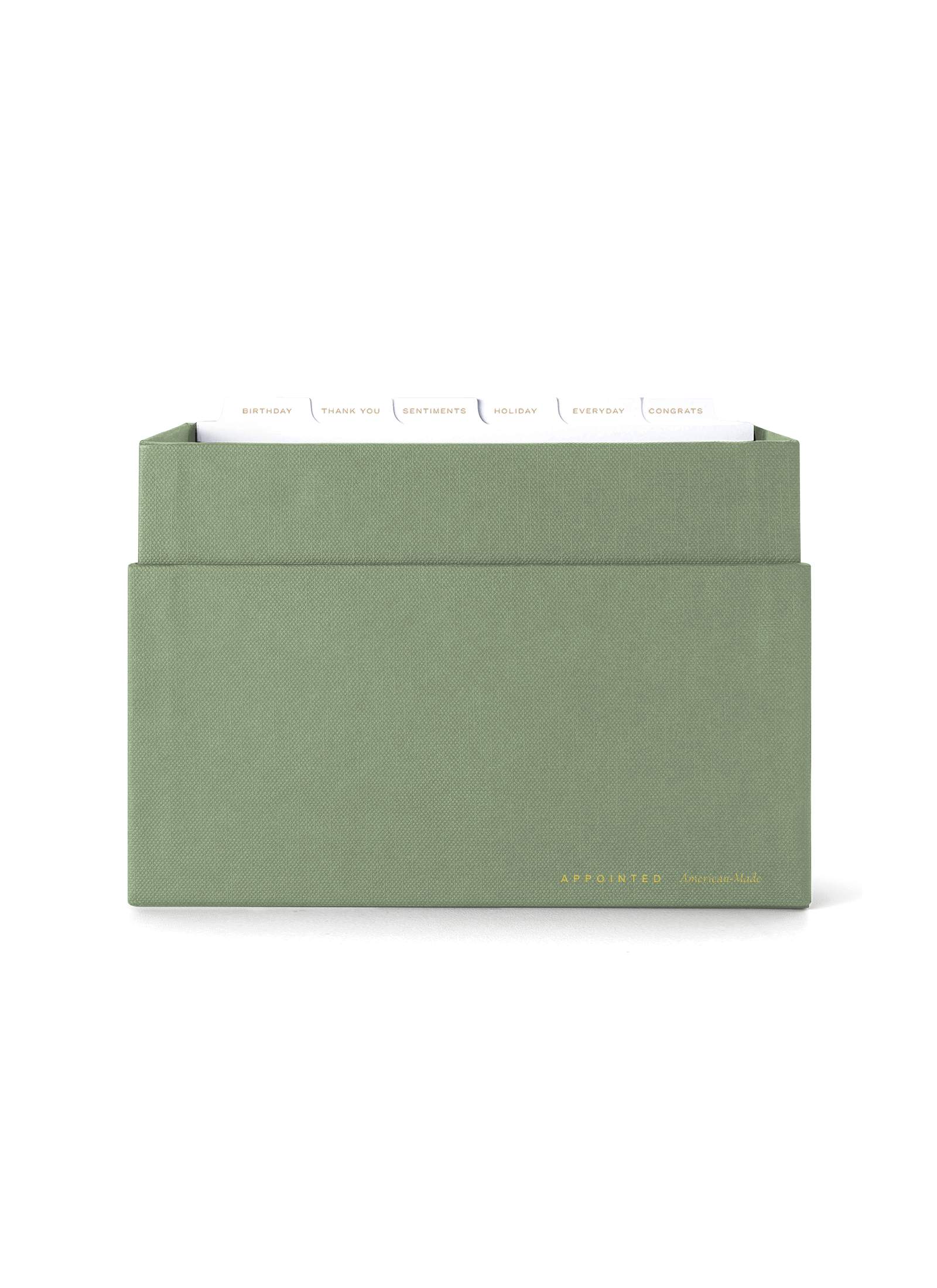 Eye-level view of Sage Card Keeper, lid off and tabs showing || Sage Green
