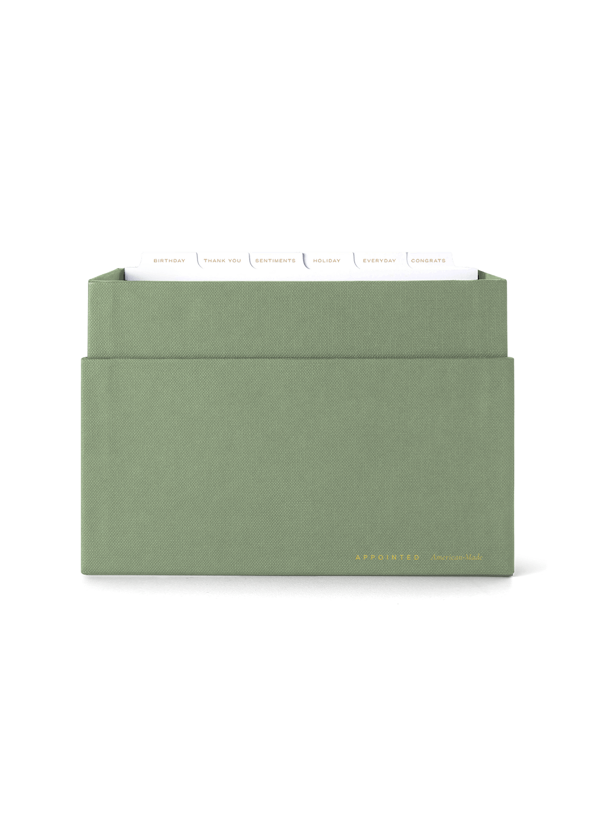 Eye-level view of Sage Card Keeper, lid off and tabs showing || Sage Green