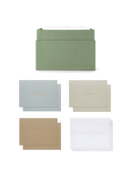 Eye-level view of Sage Card Keeper, lid off and tabs showing and birds eye view of included cards || Sage Green