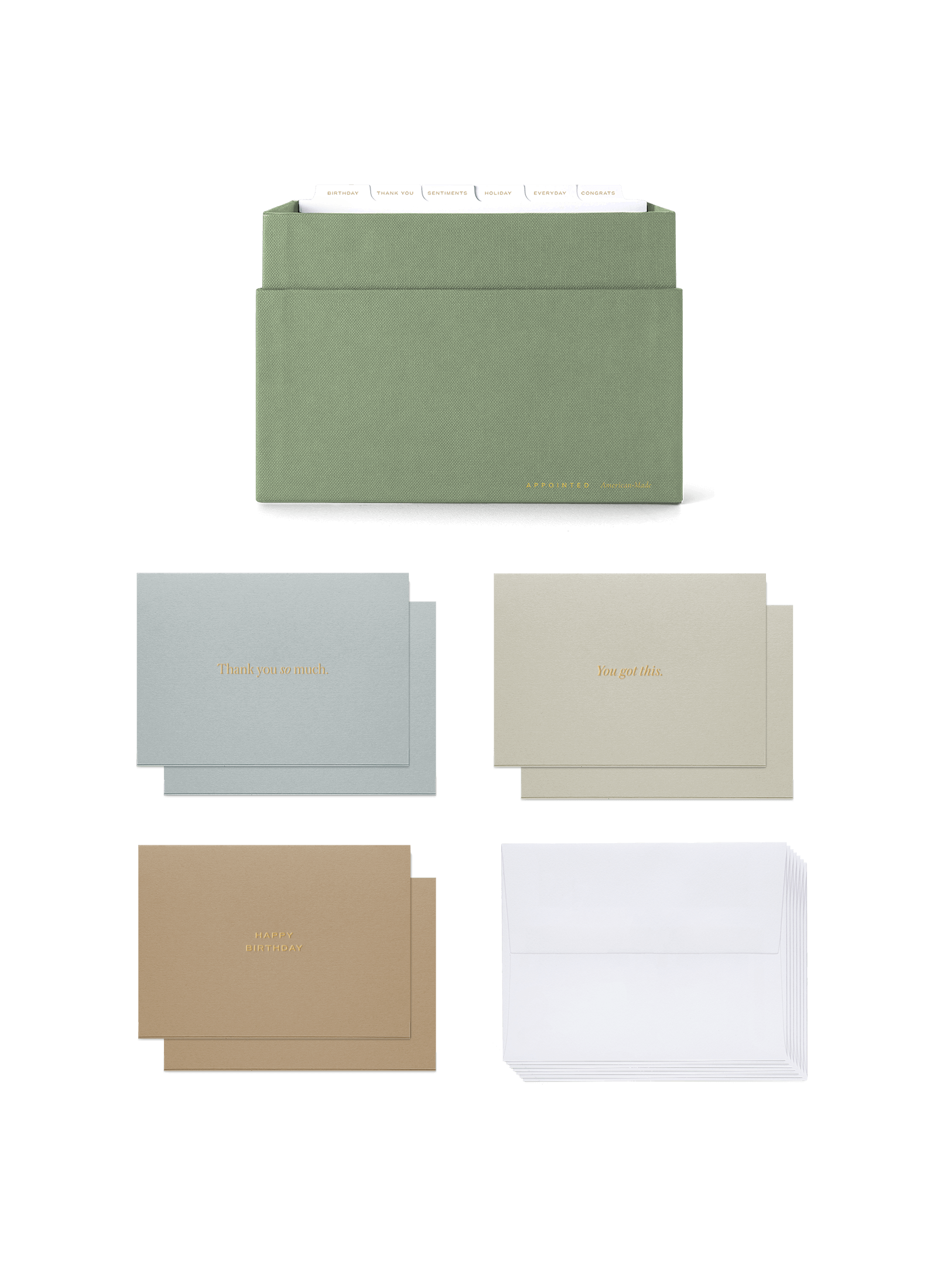 Eye-level view of Sage Card Keeper, lid off and tabs showing and birds eye view of included cards || Sage Green