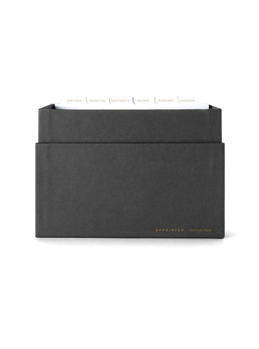 Eye-level view of Sage Card Keeper, lid off and tabs showing || Onyx