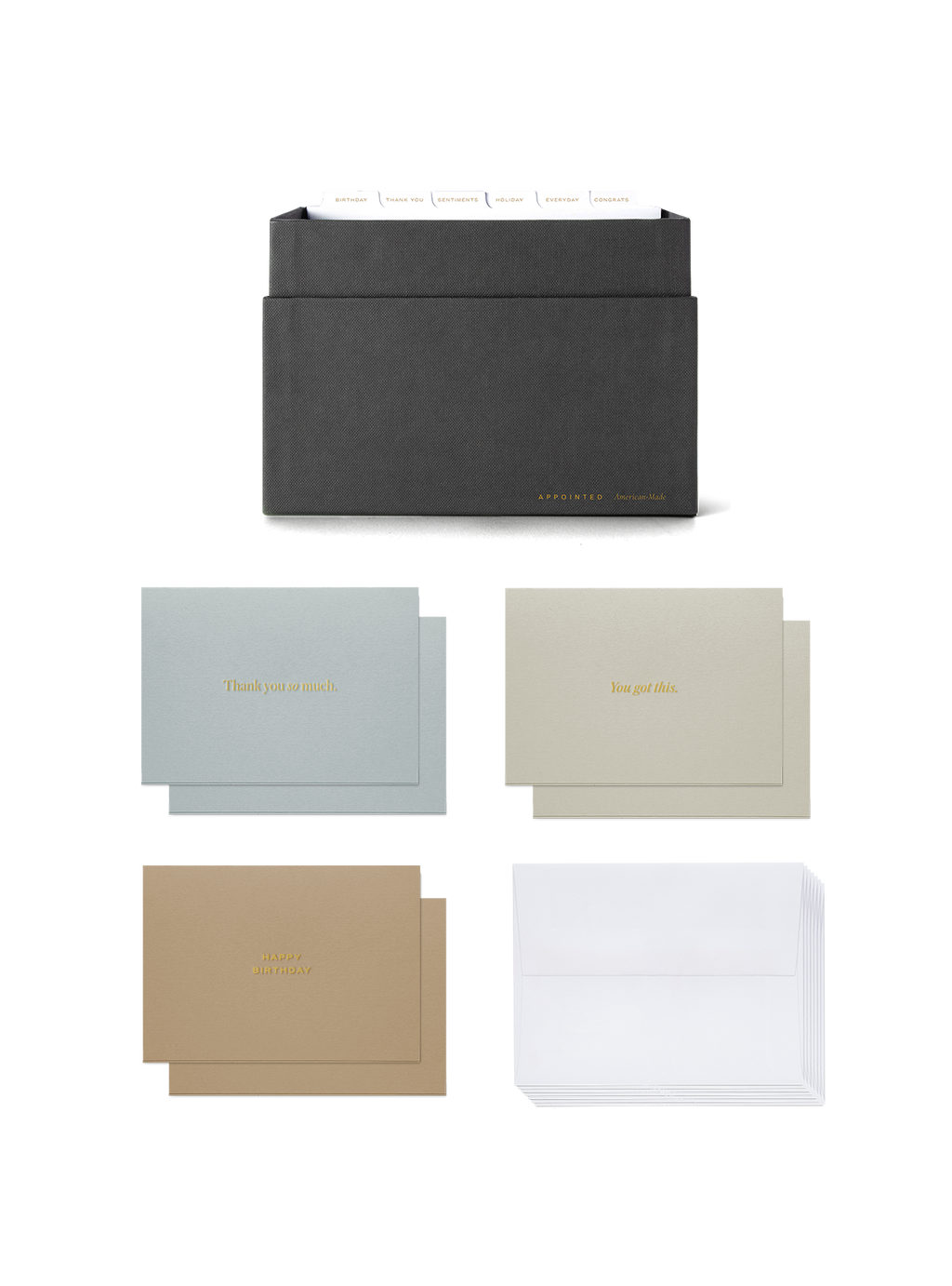 Eye-level view of Sage Card Keeper, lid off and tabs showing and birds eye view of included cards || Onyx