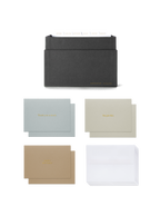 Eye-level view of Sage Card Keeper, lid off and tabs showing and birds eye view of included cards || Onyx