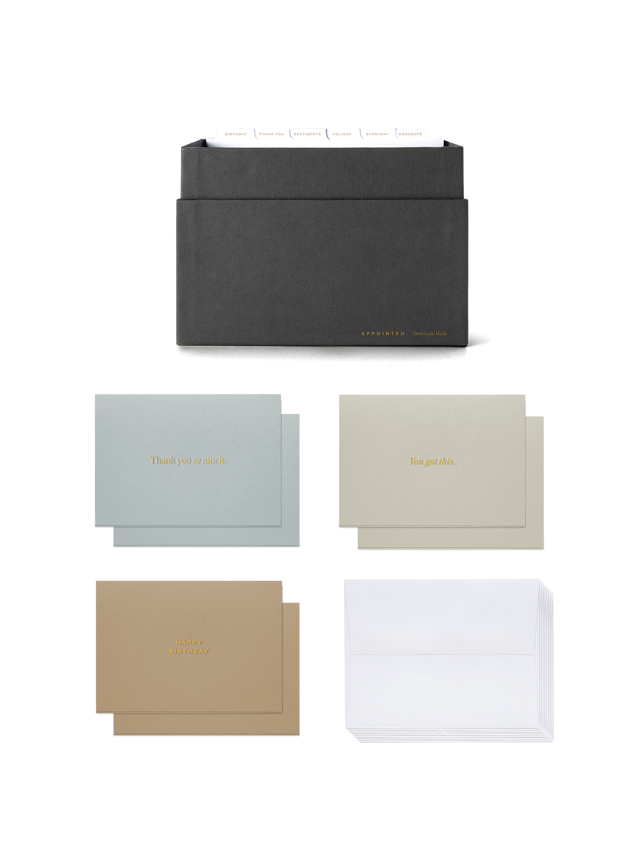 Eye-level view of Sage Card Keeper, lid off and tabs showing and birds eye view of included cards || Onyx