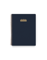 Appointed DC Workbook in Oxford Blue with bookcloth cover, DC foilstamped flag, and brass wire-o binding, front view || Oxford Blue