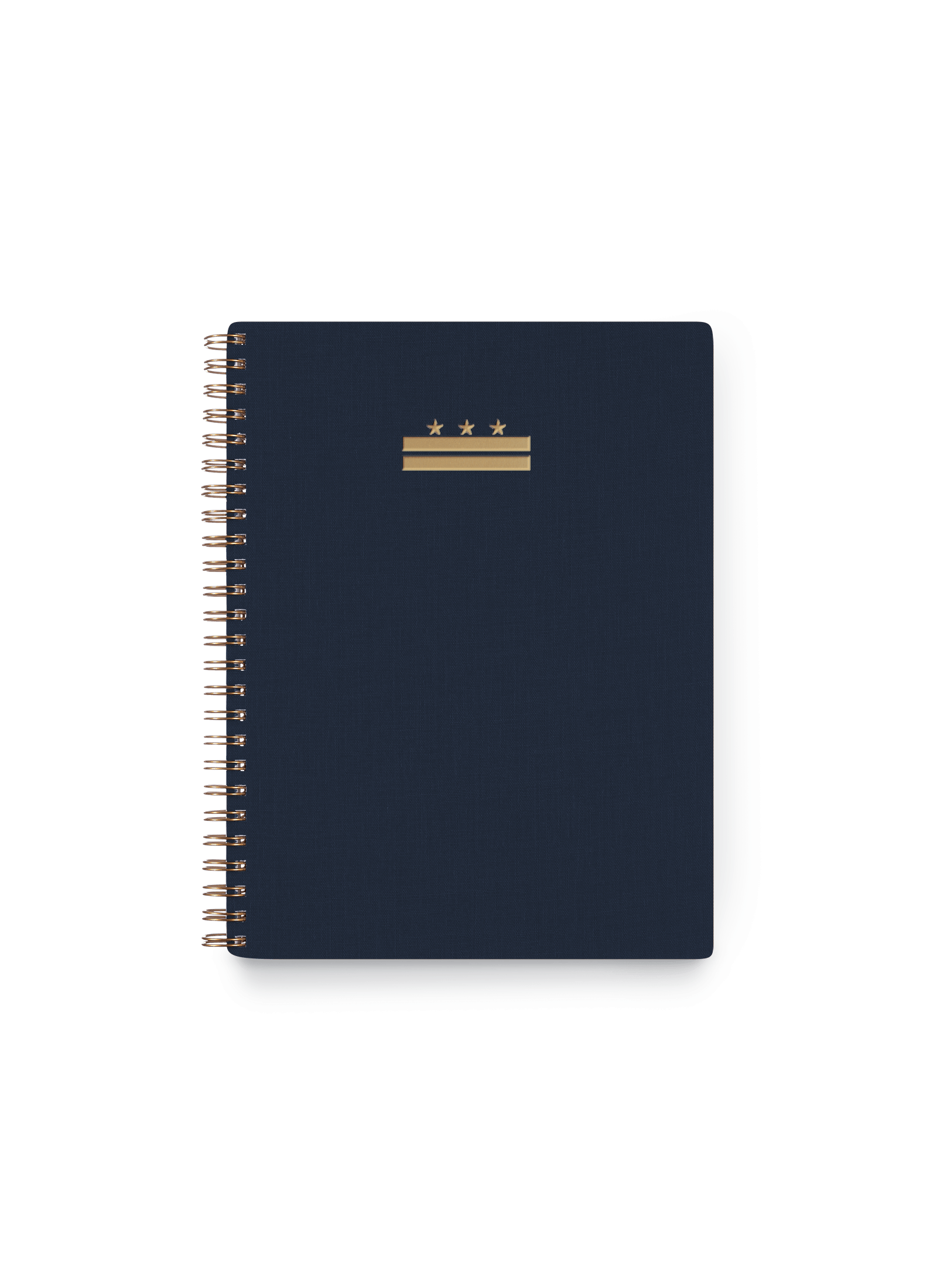 Appointed DC Workbook in Oxford Blue with bookcloth cover, DC foilstamped flag, and brass wire-o binding, front view || Oxford Blue