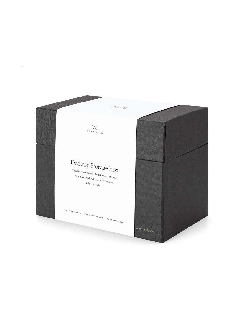 Diagonal view of desktop storage box with band around it || Onyx