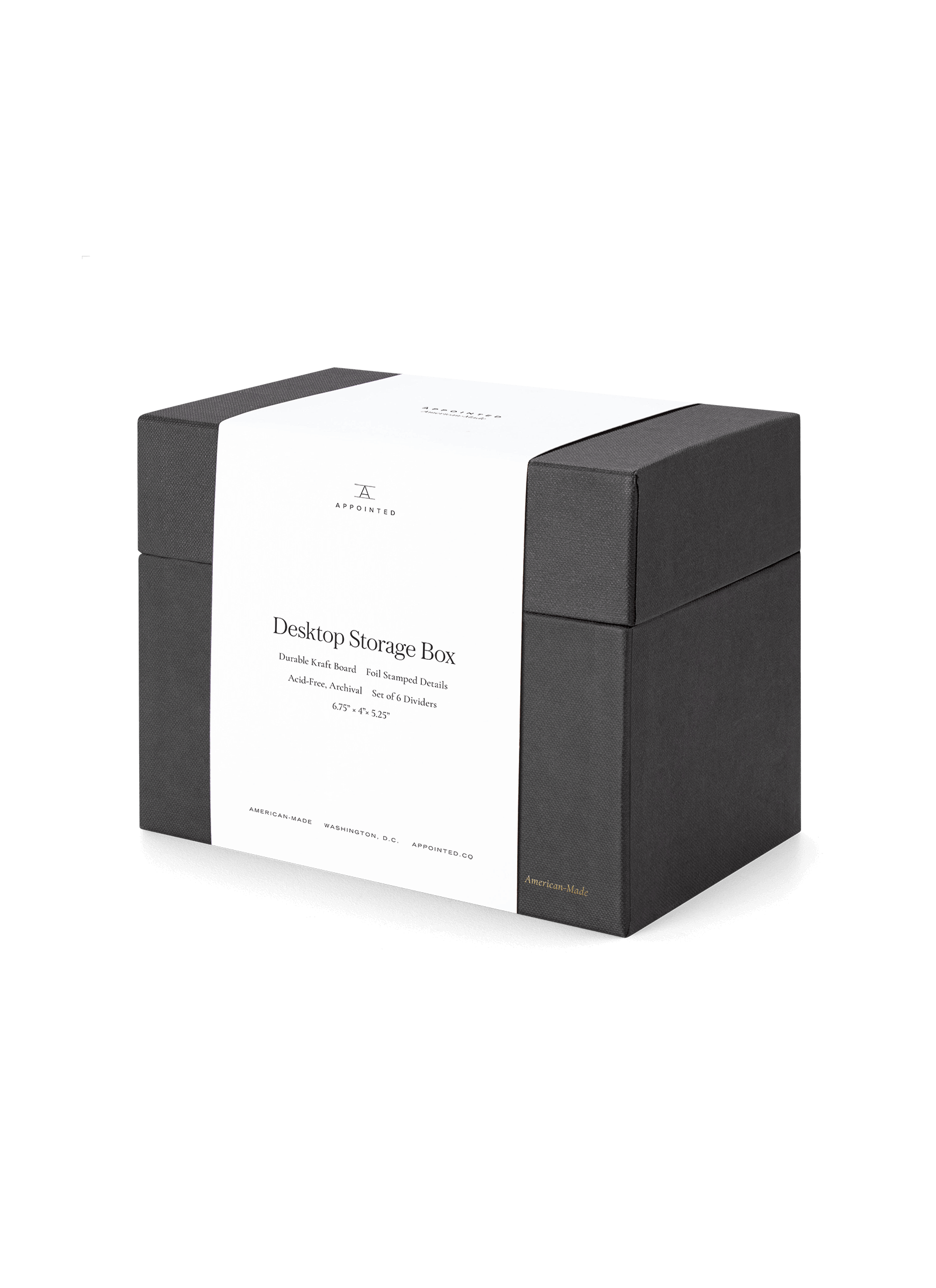 Diagonal view of desktop storage box with band around it || Onyx