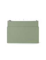 Eye-level view of desktop storage box, lid off showing dividers || Sage Green