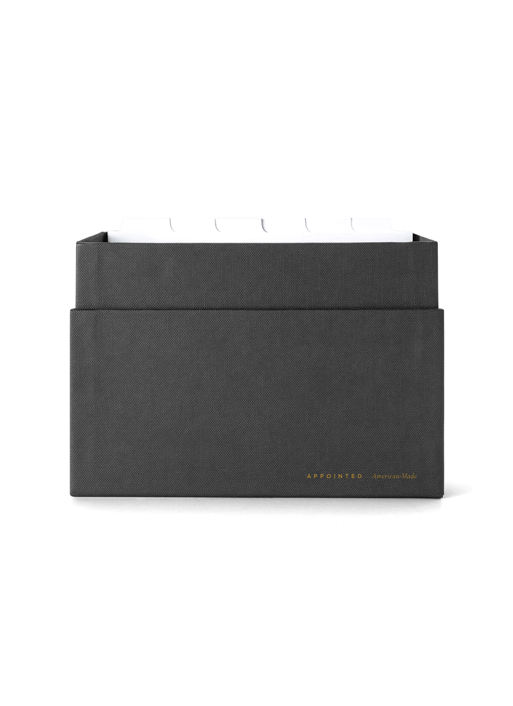 Eye-level view of desktop storage box, lid off showing dividers || Onyx