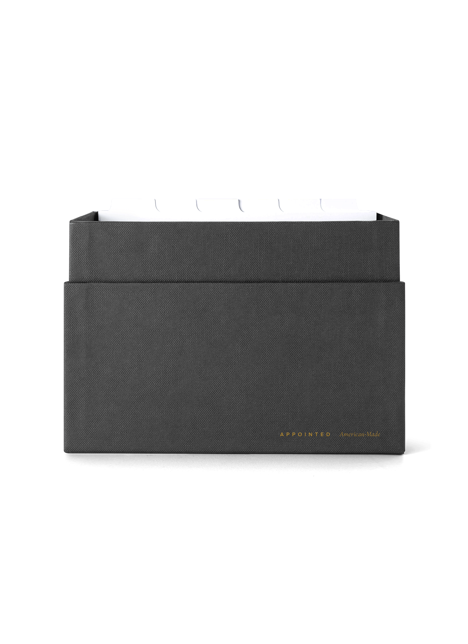 Eye-level view of desktop storage box, lid off showing dividers || Onyx