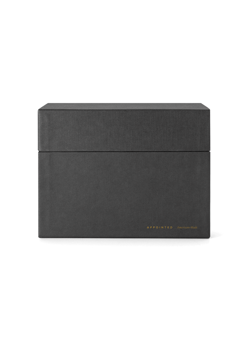 Eye-level view of desktop storage box, lid on|| Onyx