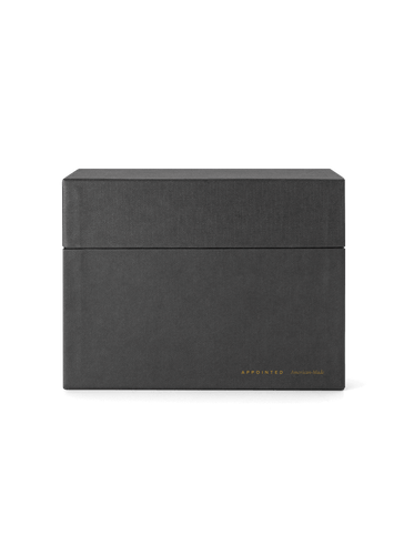 Eye-level view of desktop storage box, lid on|| Onyx