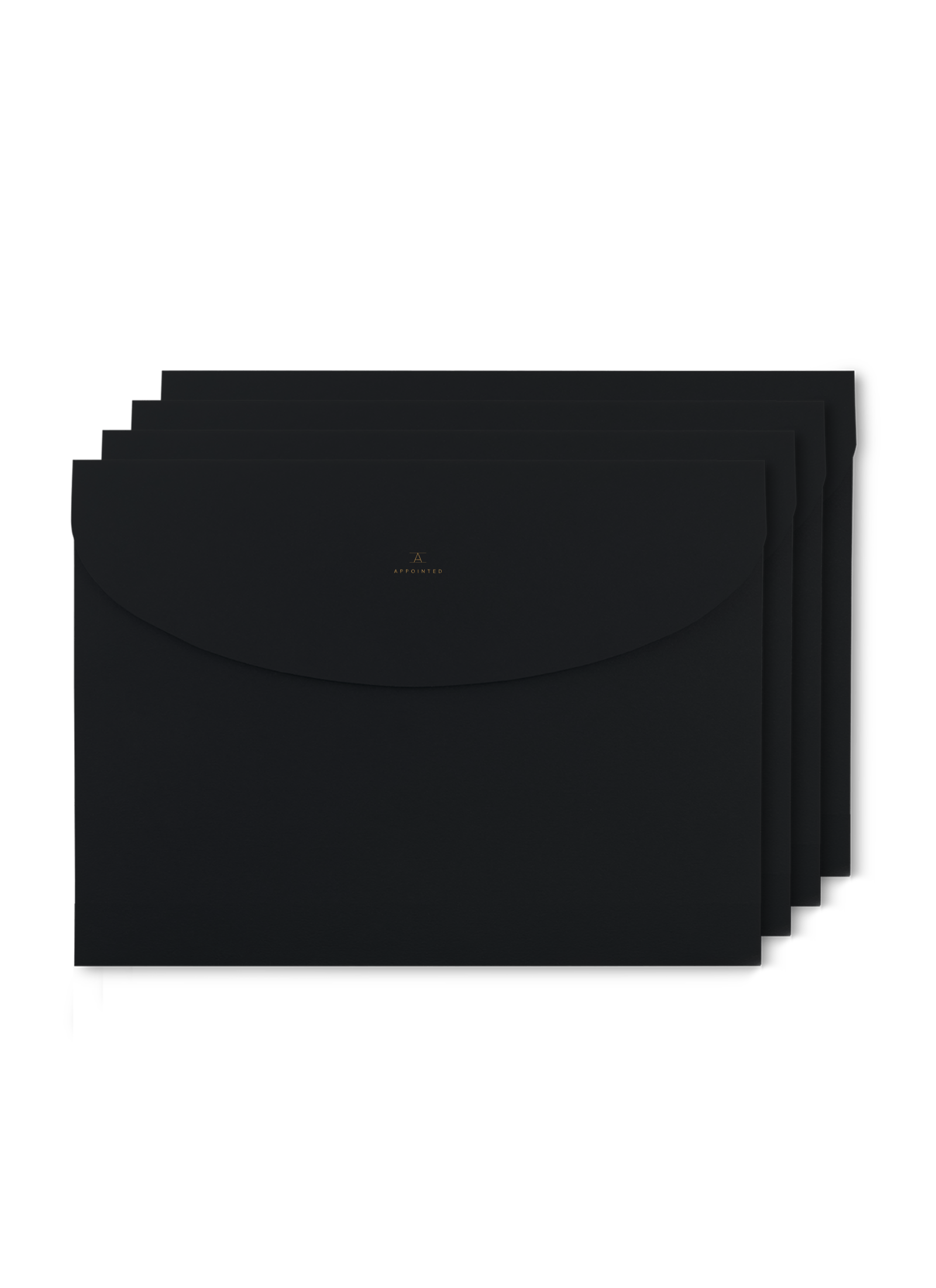 four envelope-style file folders stacked on one another with a small gold foil detail || Onyx