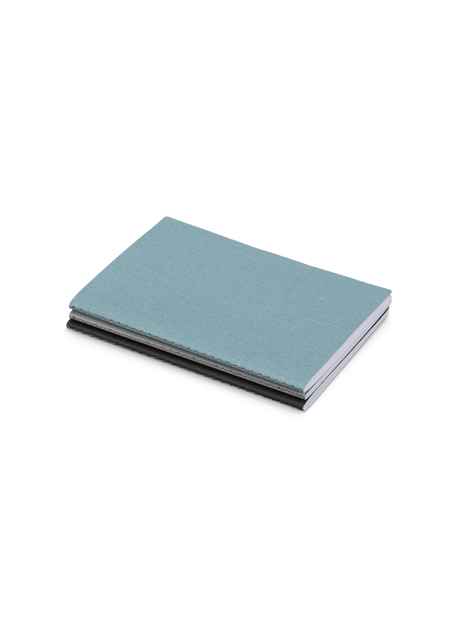 Appointed Mini Linen Jotter in Chambray Blue, Dove Gray, and Charcoal Gray bookcloth stacked angled view