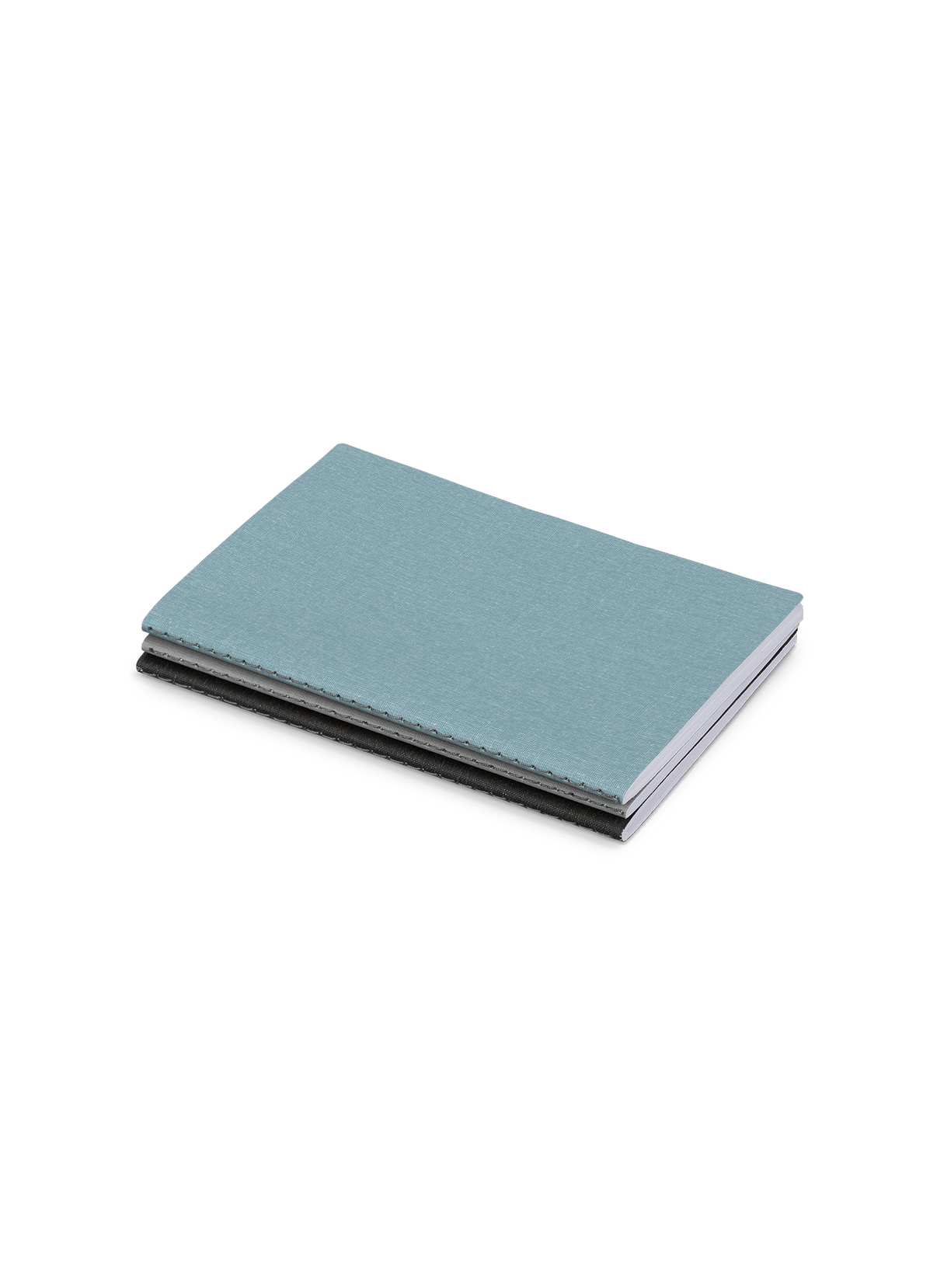 Appointed Mini Linen Jotter in Chambray Blue, Dove Gray, and Charcoal Gray bookcloth stacked angled view