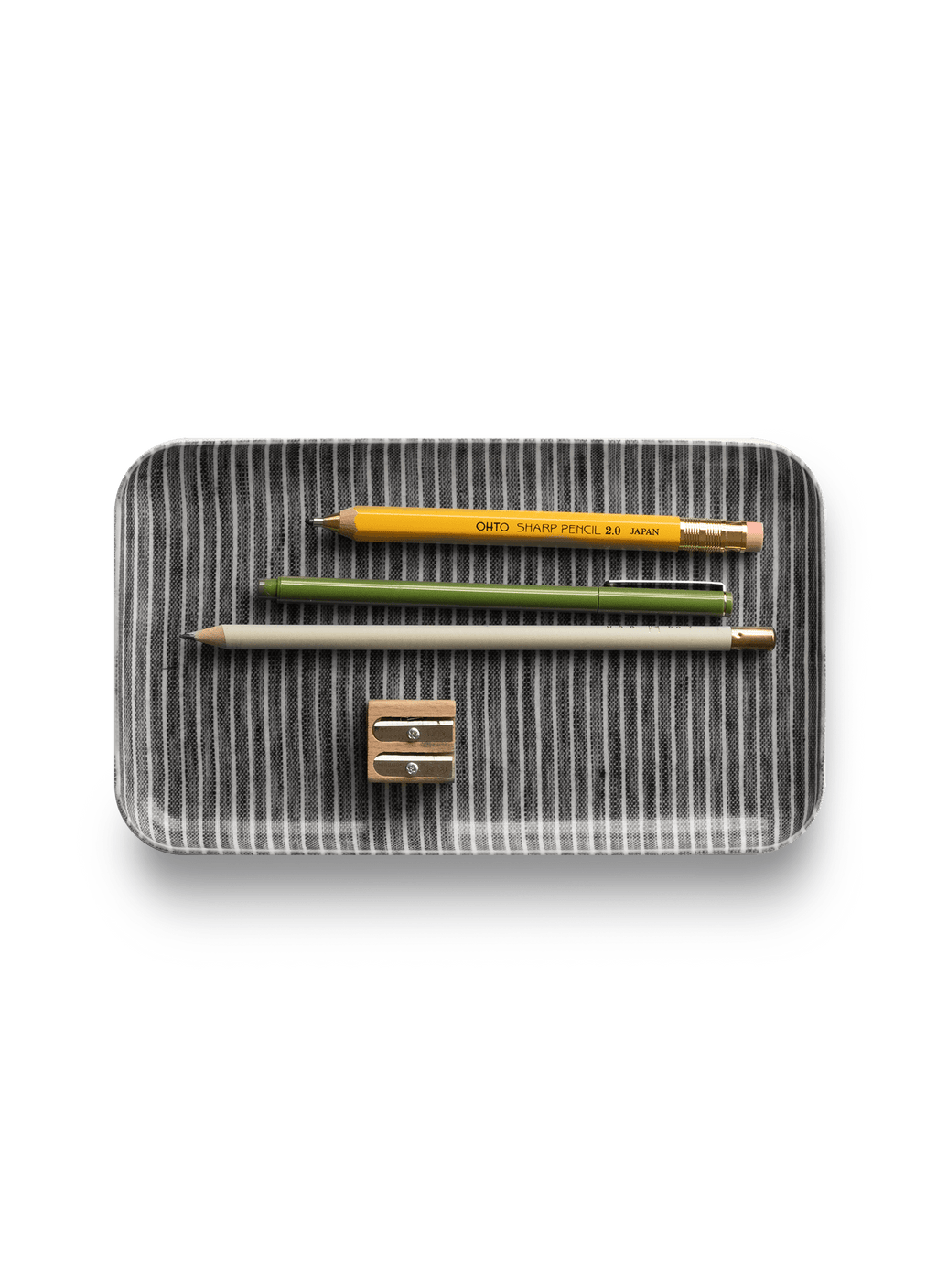 Appointed Linen Tray with Pencils and Sharpener|| Gray/White Stripe