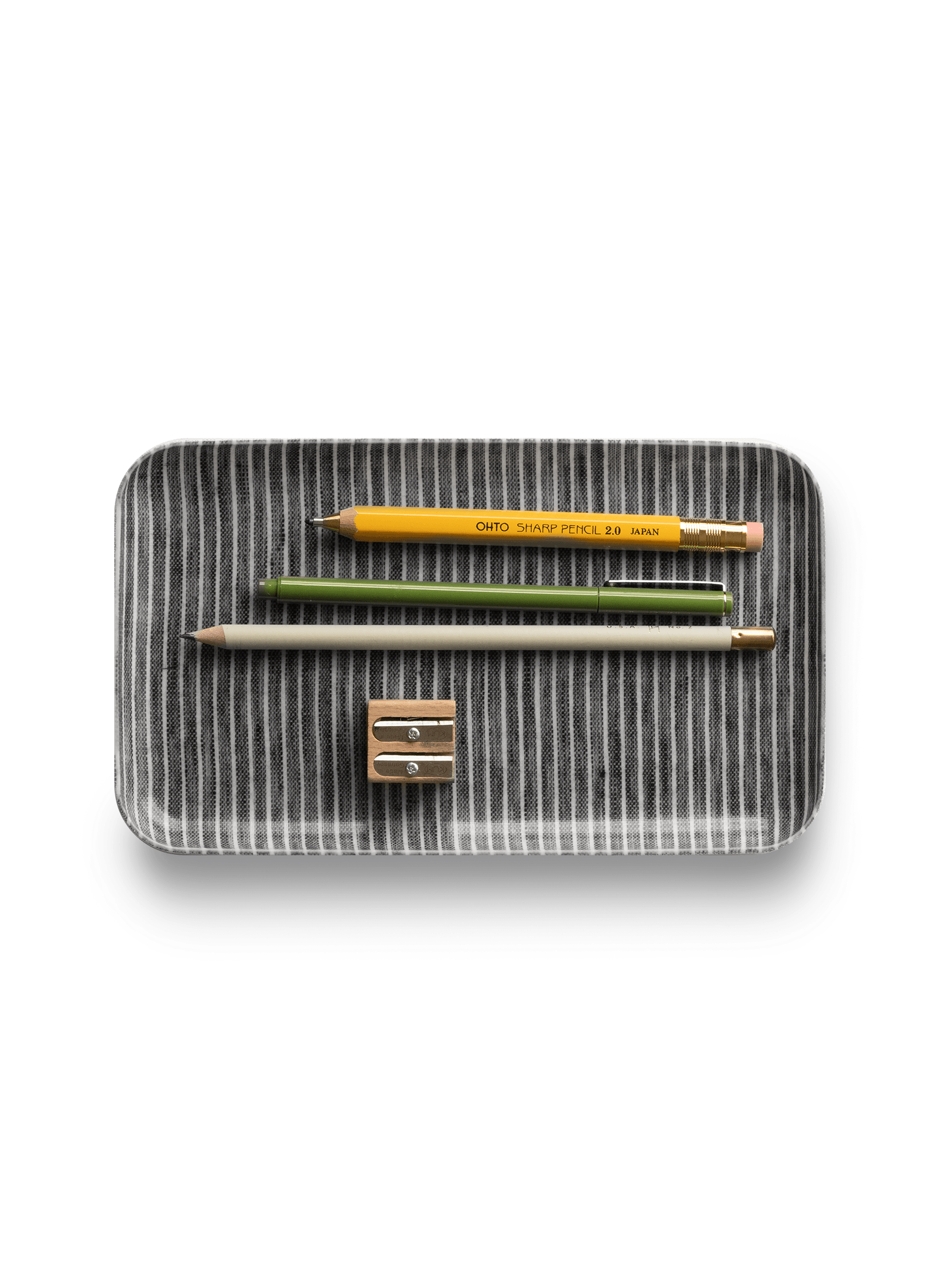 Appointed Linen Tray with Pencils and Sharpener|| Gray/White Stripe