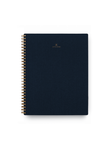 Appointed Notebook in Oxford Blue bookcloth with brass wire-o binding front view || Oxford Blue