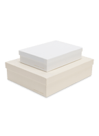 Diagonal view of smaller ecru box stacked on top of a bigger porcelain box, both with gold foil details || Ecru and Porcelain