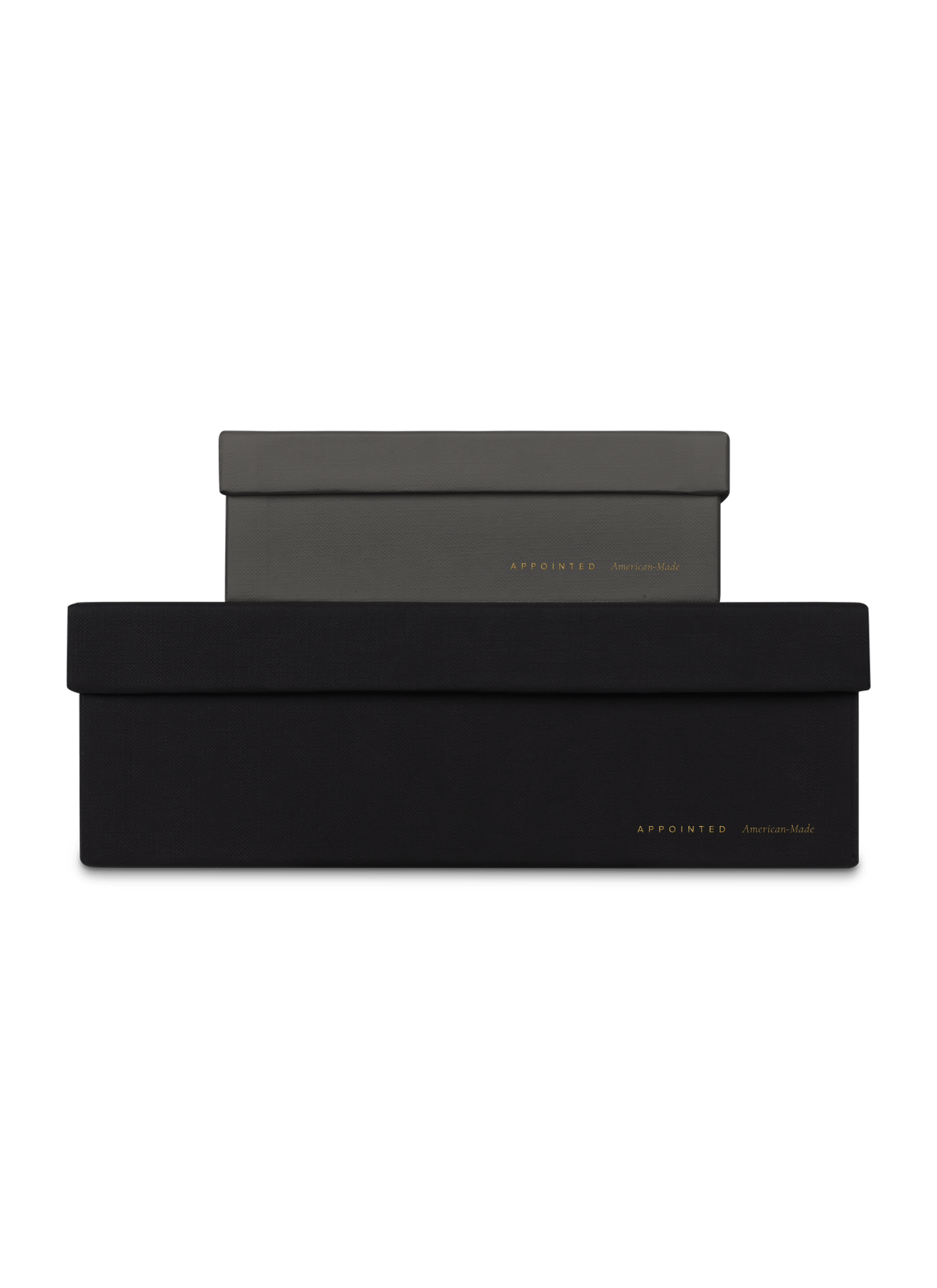 Smaller slate box stacked on top of a bigger charcoal box, both with gold foil details || Onyx and Slate