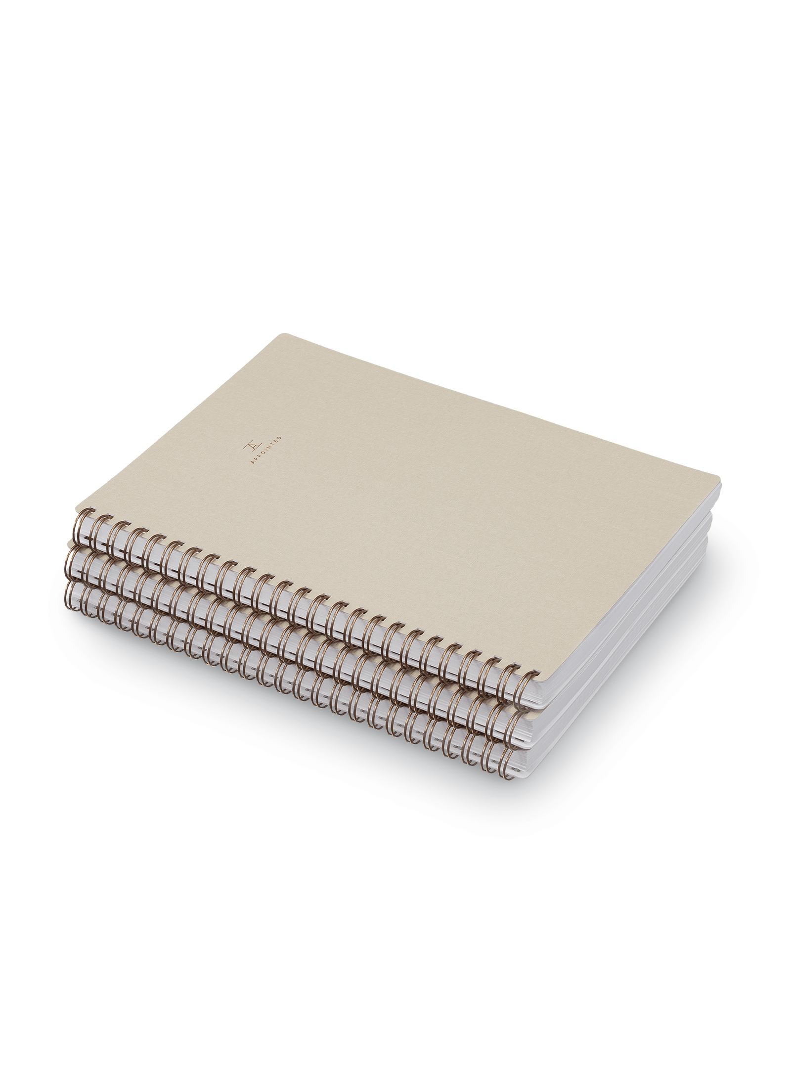Appointed Workbook in Natural Linen bookcloth with brass wire-o binding stacked front angled view