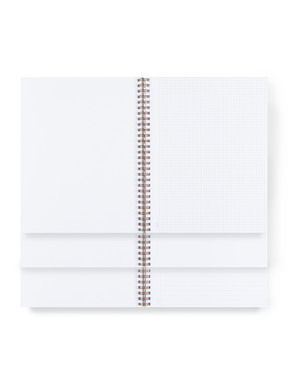 The Notebook interiors stacked, including lined, grid, and blank options with wire-o binding.