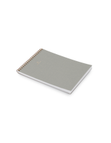 Appointed Office Notepad in Dove Gray bookcloth with brass wire-o binding front angled view