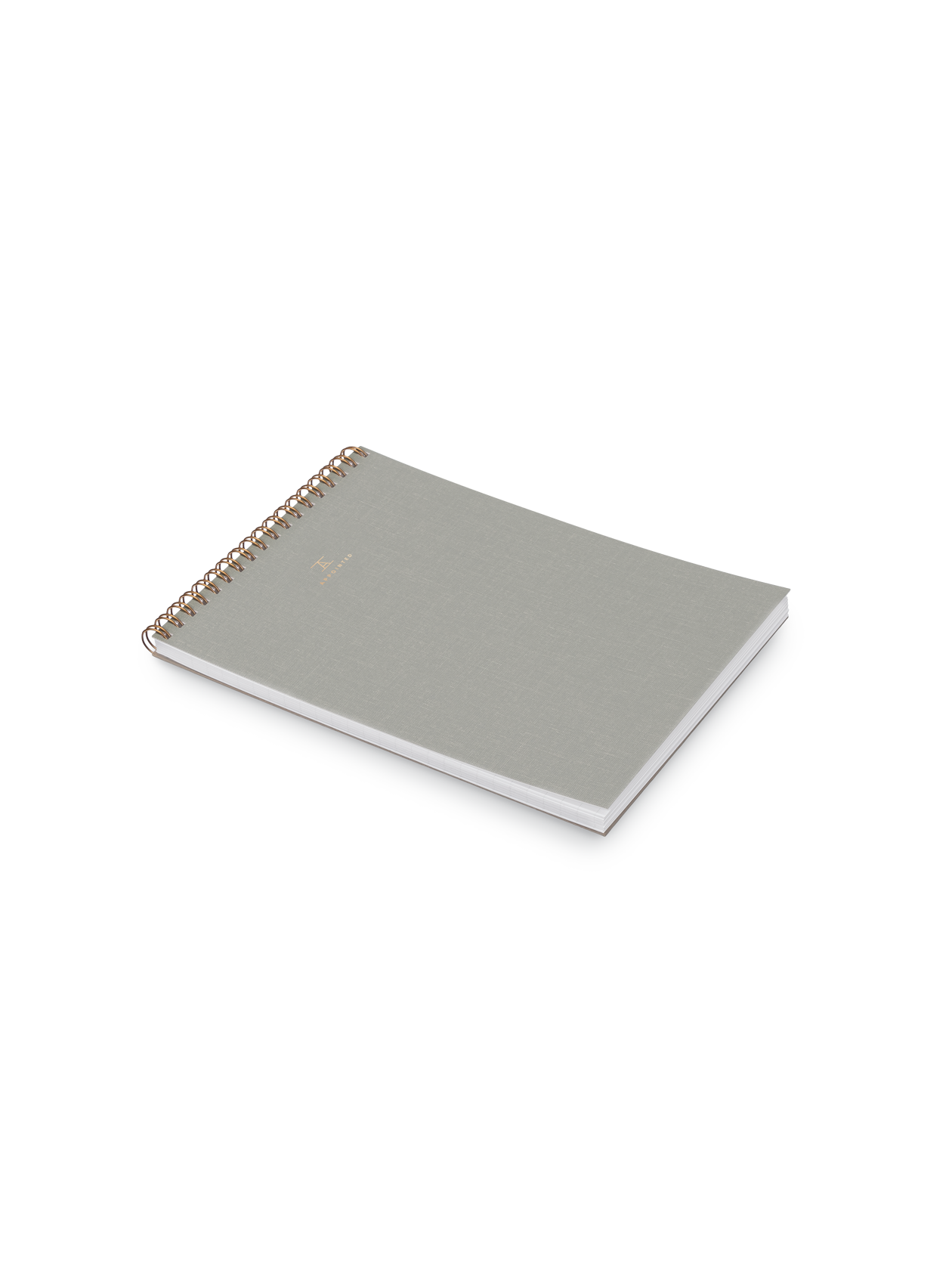 Appointed Office Notepad in Dove Gray bookcloth with brass wire-o binding front angled view