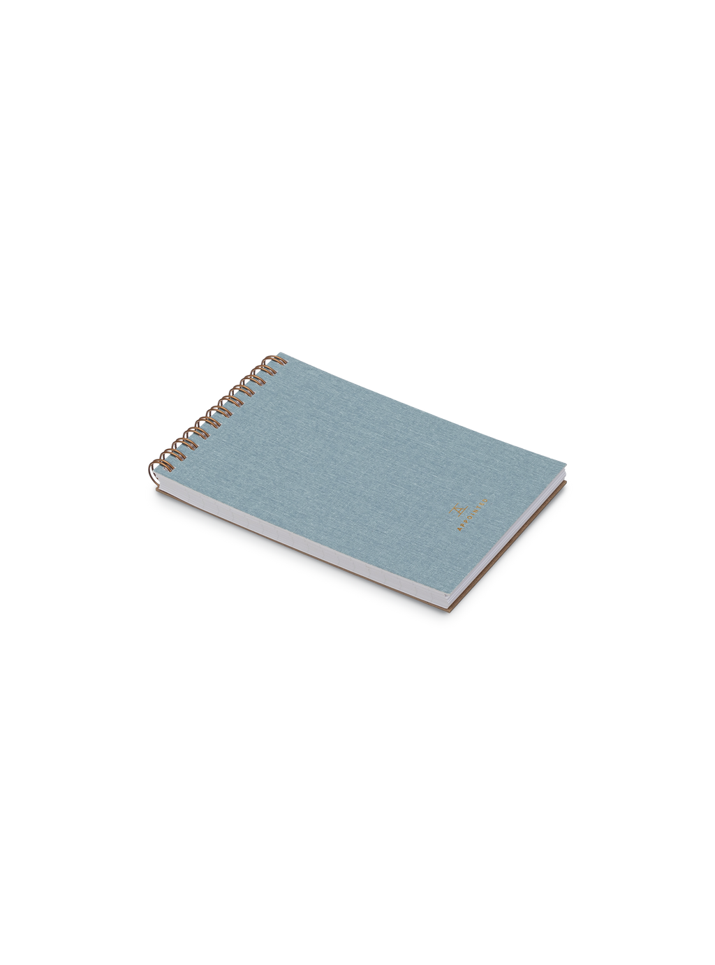 Appointed Pocket Notepad in Chambray Blue bookcloth with brass wire-o binding front angled view