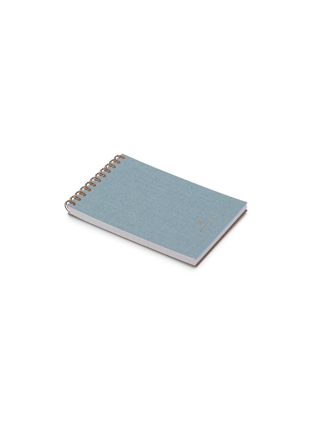 Appointed Pocket Notepad in Chambray Blue bookcloth with brass wire-o binding front angled view
