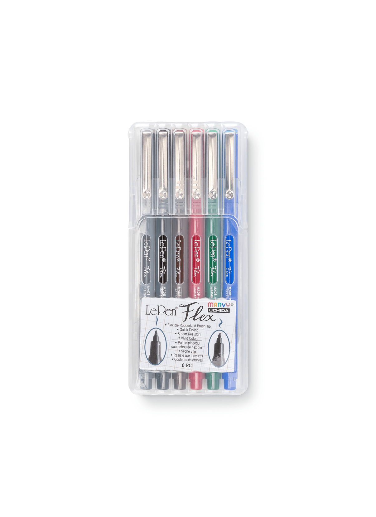 Le Pen Primary Flex Set with a case, including Blue, Green, Red, Brown, Black, and Dark Gray