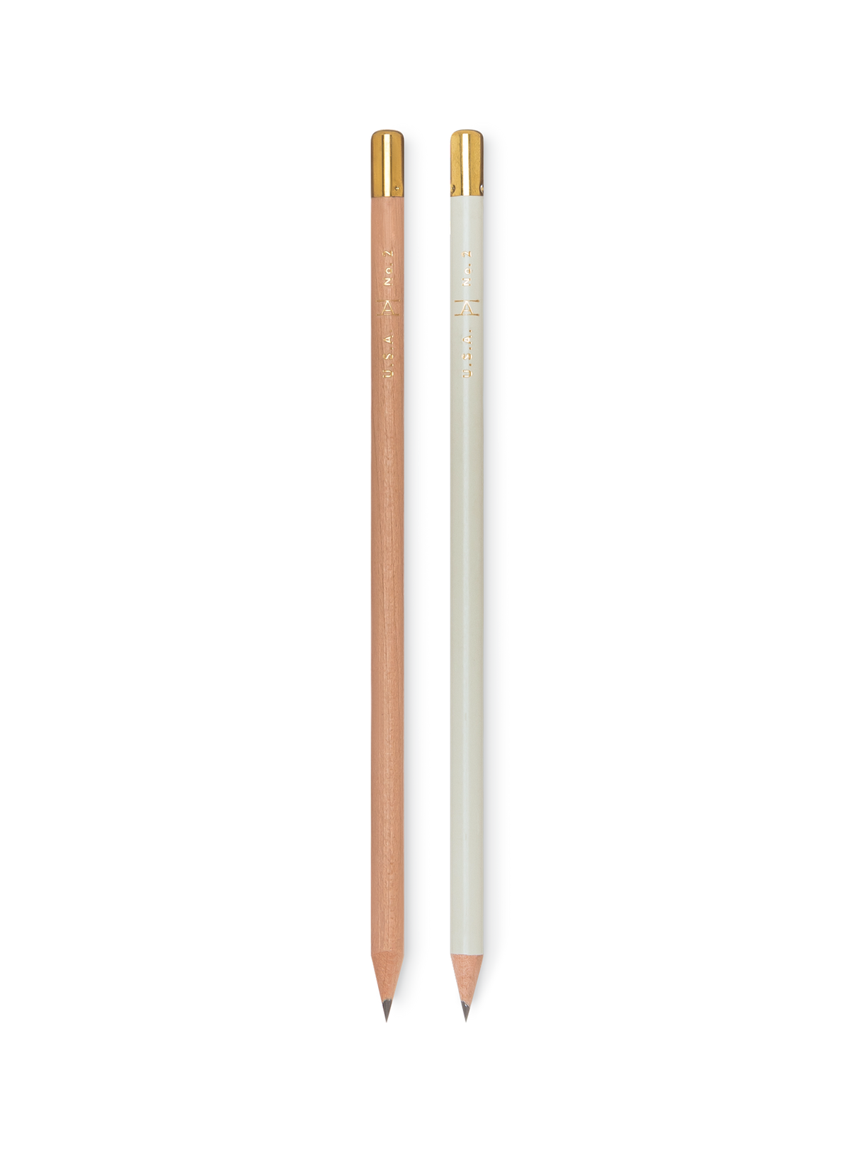 Appointed No. 2 Pencils in Natural and Cool Gray, sharpened with grass erasser caps and gold details